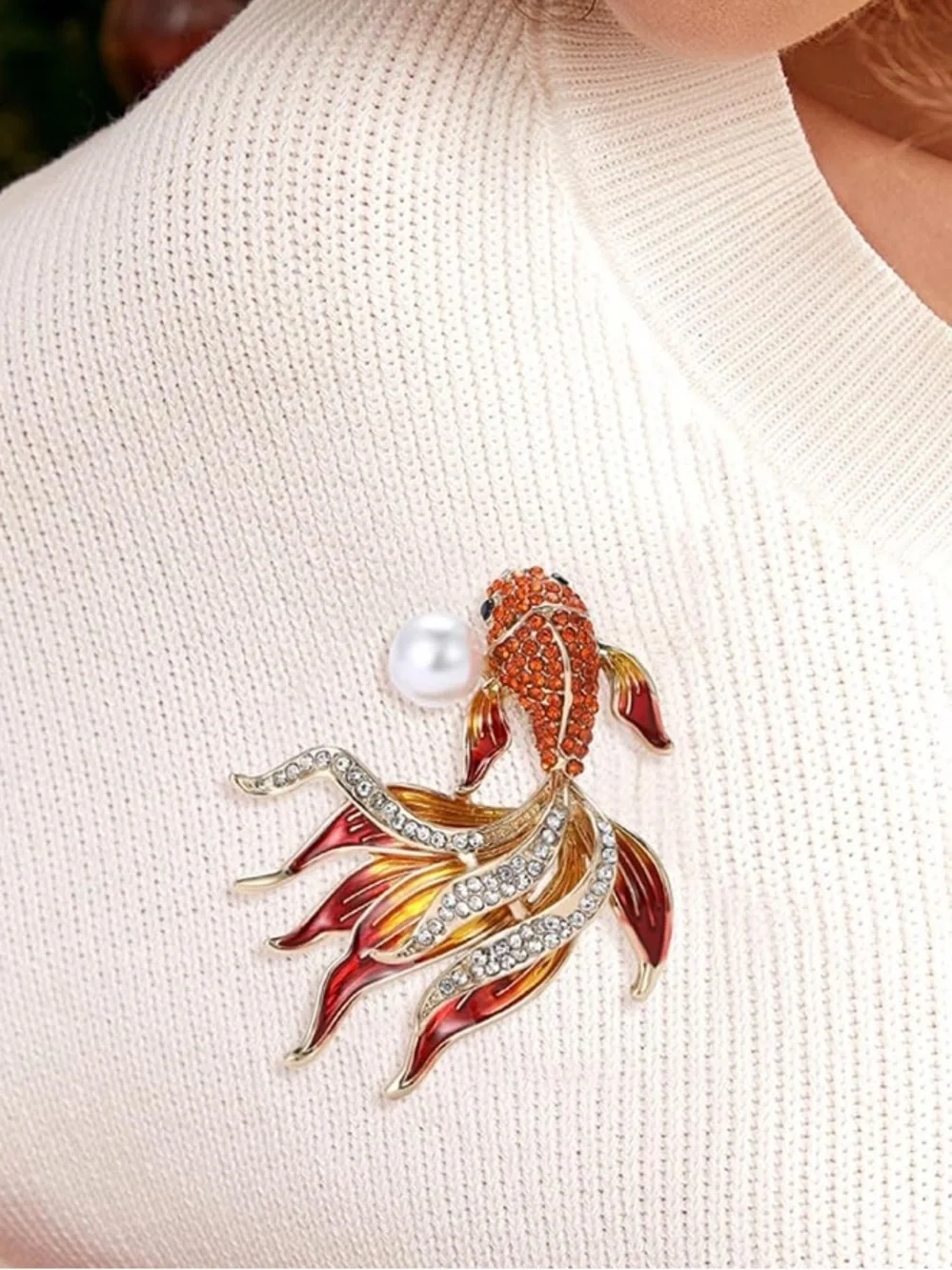 Anthropologie Red & Orange Koi Fish Brooch with Pearl